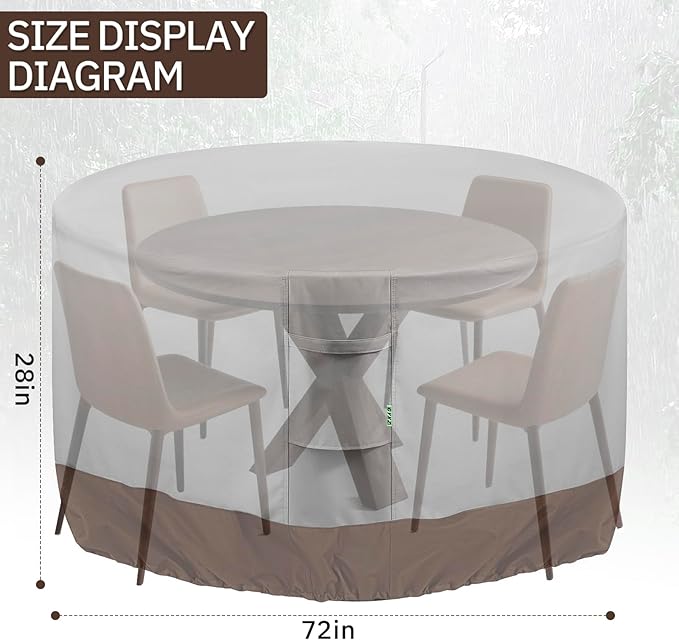 Round Patio Furniture Covers, 72" DIA x 28 H Waterproof Outdoor Furniture Cover for Patio Table & Chair Sets, 600D Heavy-duty UV-Resistant Fade-Proof Protection, Grey & Brown