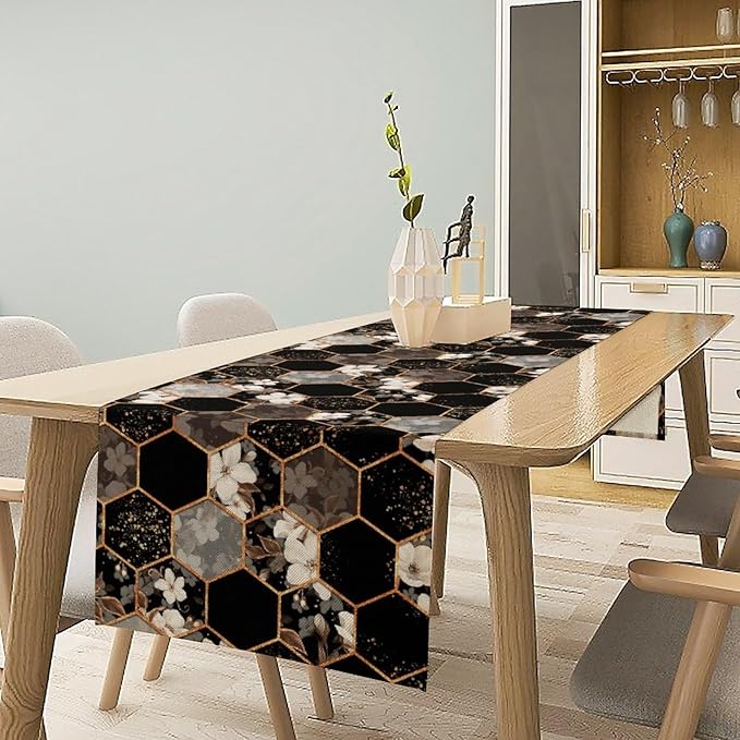 Marble Table Runner, Spring Floral Marble Geometric Texture Pattern Table Runner for Wedding Home Living Room Party Dining Kitchen 13x90in