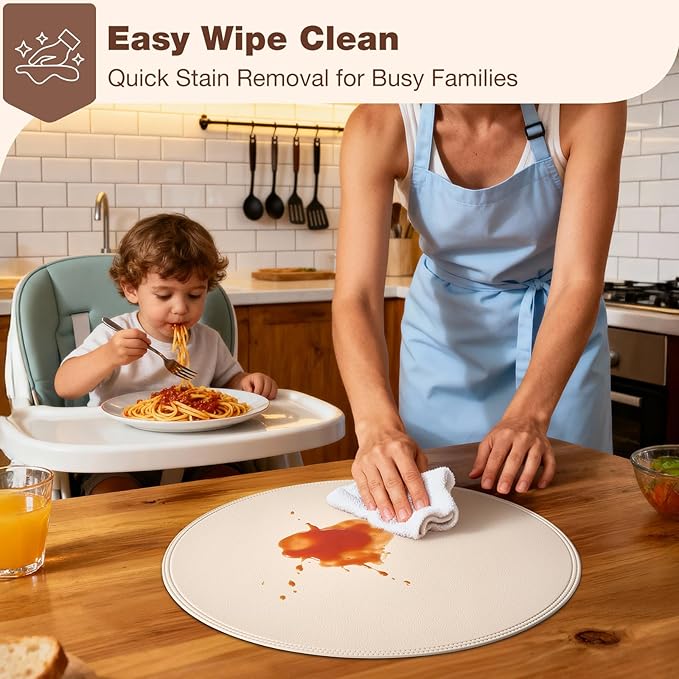 Round Vinyl Beige Placemats Set of 6, Faux Leather Waterproof Wipeable Heat Resistant Place Mats, Washable Table Mats for Halloween, Thanksgiving & Christmas Dinner (Beige)