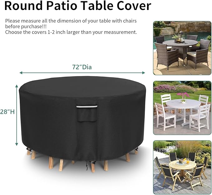 Round Patio Furniture Covers, 500D Heavy Duty Waterproof UV Resistant Cover for Round Outdoor Dining Table & Chairs,72" Dia x 28" H -Black