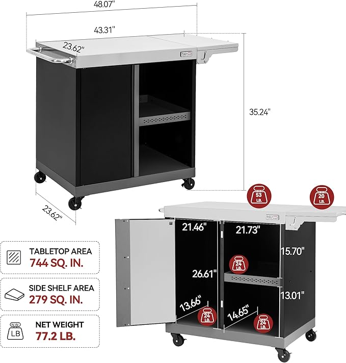 Royal Gourmet PC3201S Movable Grill Cart, 43" L x 24" W Stainless Steel Countertop, Storage Cabinet with Single-Door, Foldable Side Shelf, Tool Hooks & Inner Shelves, for Indoor & Outdoor Use, Black