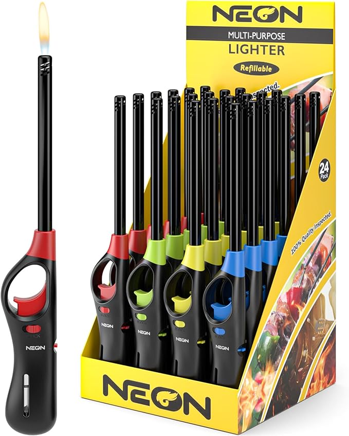 NEON Lighter, Refillable Butane Candle Lighter, 24 Pack Multi-Purpose Reusable Lighters with Long Metal Wand and Adjustable Soft Flame for BBQ, Grill, Stove, Camping, Hiking, Fireplaces, Kitchen