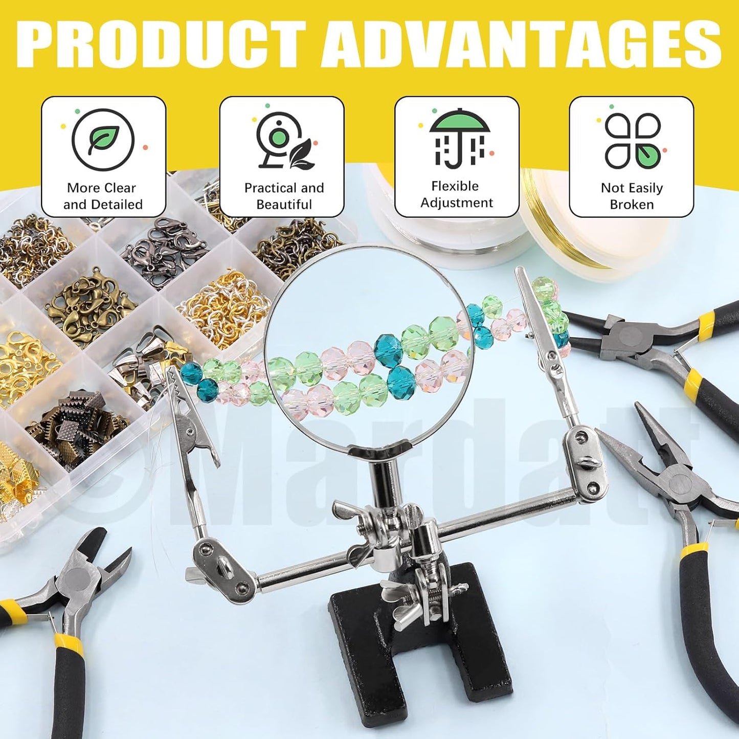 Mardatt 1488Pcs Jewelry Making Supplies Kit - Magnifying Glass, Pliers, Wires, Chain, Jump Ring Opener, Tweezers