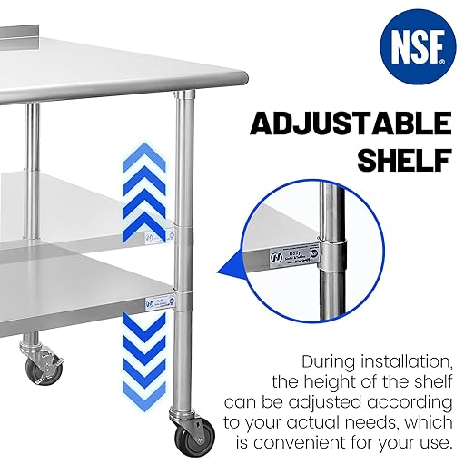 Hally Stainless Steel Table for Prep & Work 24 x 48 Inches with Caster Wheels, NSF Commercial Heavy Duty Table with Undershelf and Backsplash for Restaurant, Home and Hotel