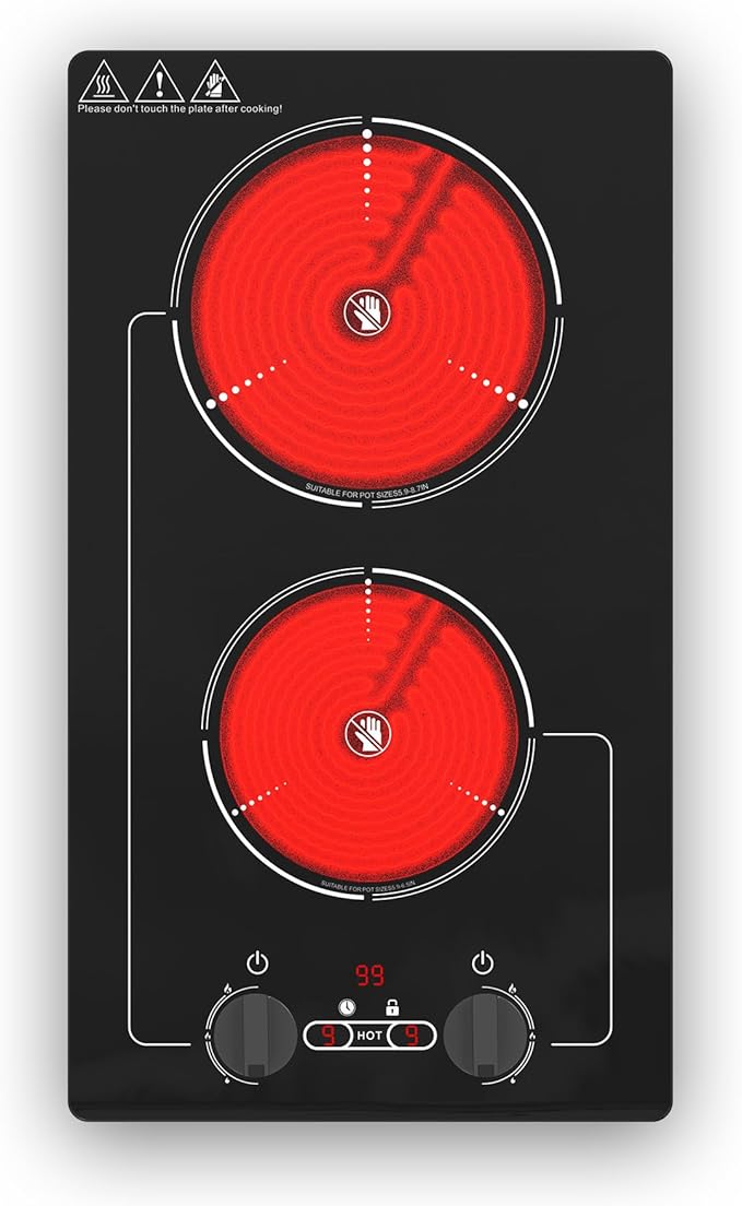 Electric Cooktop,110V 2100W Stove top,9 Power Levels, Kids Lock & Timer, Hot Surface Indicator, Overheat Protection,knob and touch control 2 burner Electric cooktop