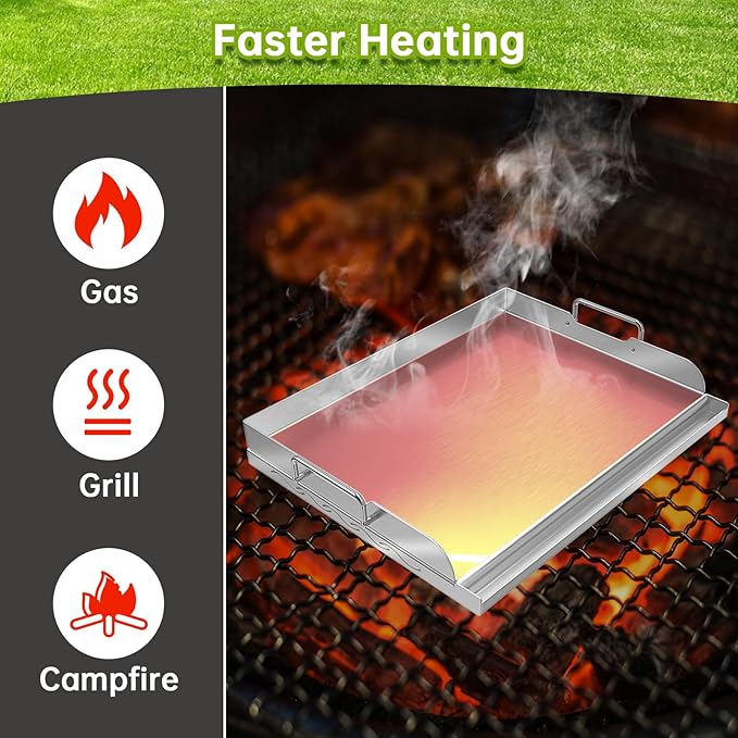 Universal Stainless Steel Griddle Flat Top Plate with Even Heating Bracing for BBQ Charcoal and Gas Grills, Camping, Tailgating, and Parties,with Grease Groove and Removable Handles (23" x 16")