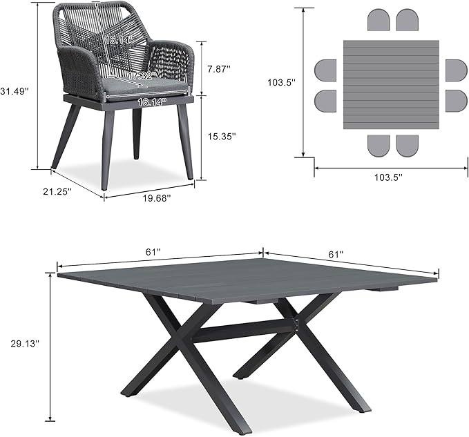 PURPLE LEAF 9 Pieces Outdoor Dining Set All-Weather PE Rattan Outdoor Patio Furniture Set with All Aluminum Frame Square Table and Chairs Set for Lawn Garden Backyard Deck, Grey