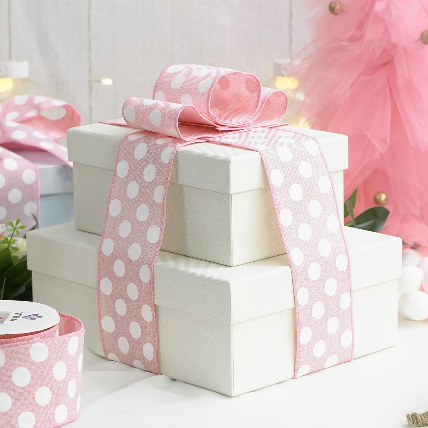 MEEDEE Pink Polka Dot Ribbon - 2.5 inch Wired Ribbon for Baby Girl Wreaths & Crafts, 10 Yards