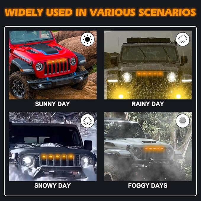 Maiker Amber LED Grille Lights Compatible with 2024-2025 Jeep Wrangler JL JLU & Gladiator JT Original Factory Grille, 5PCS Front Grille Marker Lights