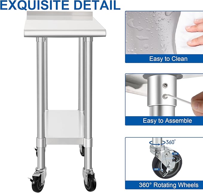 HARDURA Stainless Steel Commercial Work Table with Wheels Prep & Work Metal Table 30×12 Inches Heavy Duty NSF with Casters and 2" Backsplash