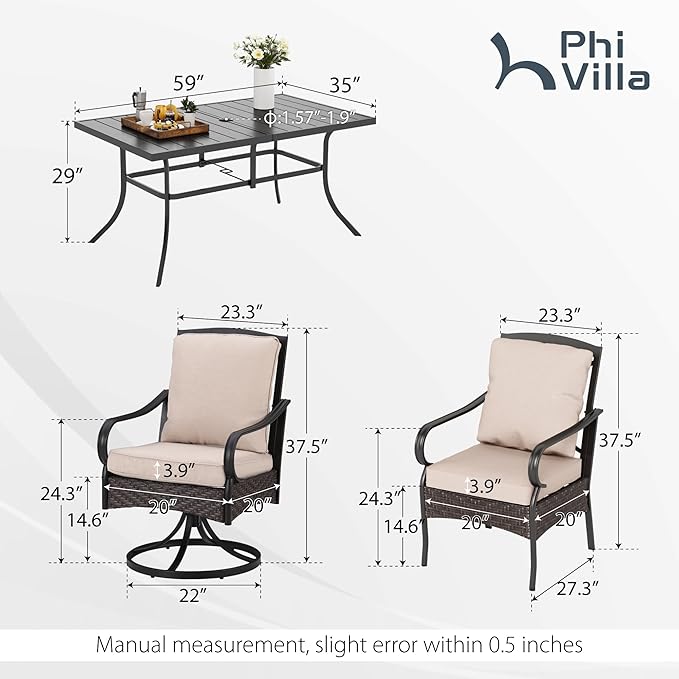 PHI VILLA Outdoor Dining Set for 6, Outdoor Table and Chairs Set for 6, 4 Extra Large Dining Chairs & 2 Swivel Chairs, Rectangular Metal Slat Dining Table for Deck, Backyard and Garden