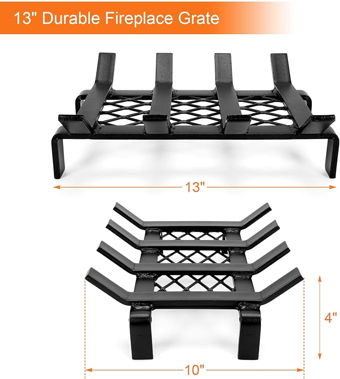 13" Fireplace Grate with Ember Retainer, Wood Stove Grate Rack, Heavy Duty Solid Steel Firewood Holder, Non-Assembly Fire Grate for Indoor Hearth Outdoor Firepit - Matt Black