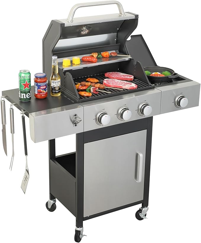 3-Burner Gas Grill with Side Burner, 37230 BTU Outdoor BBQ, Large Cooking Area with Enameled Cast Iron Grates, Locking Wheels & Foldable Side Tables for Patio & Backyard(3+1 Burner)