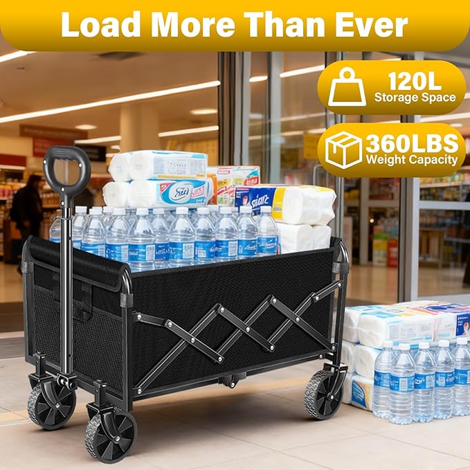 Wagons Carts Foldable, Collapsible Wagon with Wheels — Durable Foldable Wagon for Groceries,Picnic & Pets, Small Hauls, Apartment Moving & Storage, Portable Utility Pull Wagon Cart, 360lbs, Black