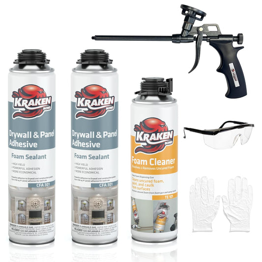 KRAKEN BOND Drywall & Panel Adhesive Foam - (2x24oz) Heavy-Duty, Fast-Curing Construction Adhesive for Concrete, Wood, and Heat Insulation Applications - Gun&Gun Cleaner Set
