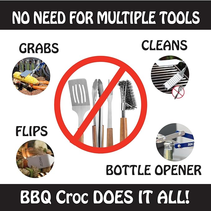 BBQ Croc 3 in 1 Barbecue Tool 18-inch - Extra Light and Long Tongs, Spatula and Grill Scraper (Blue) (18 inch with Flashlight)