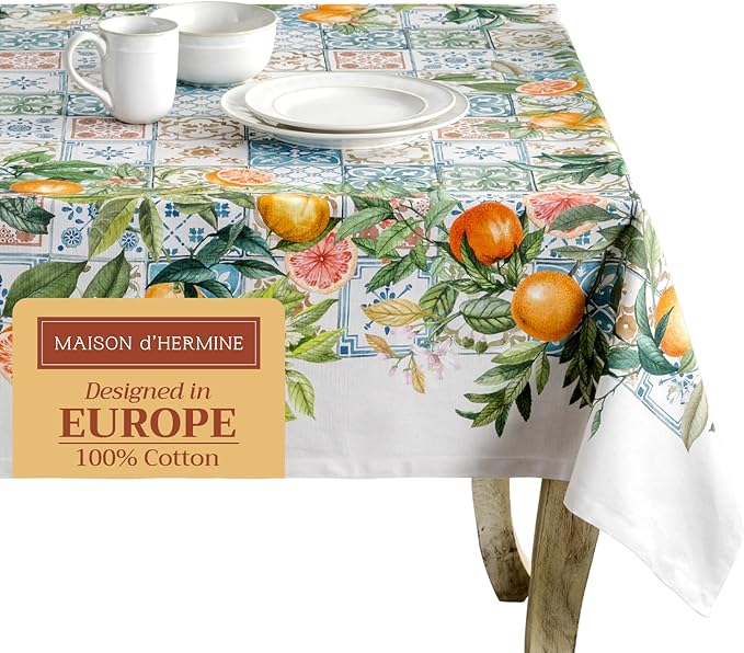 Maison d' Hermine Table Cloth Rectangle Table 100% Cotton 54 x 72 Inches Tablecloth Reusable Decorative Everyday Use for Dining Room, Farmhouse, Home, Party, Festive & Wedding Spring Summer - Agrume