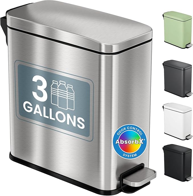 iTouchless 3 Gallon / 11.4 Liter Bathroom Trash Can with Lid, Slim Stainless Steel Step Garbage Can, Soft Close Small Wastebasket with Removable Inner Bucket for Kitchen, Powder Room, RV, and Dorm