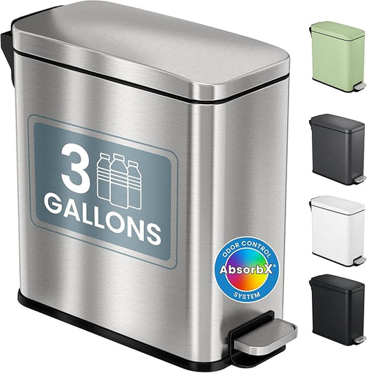 iTouchless 3 Gallon / 11.4 Liter Bathroom Trash Can with Lid, Slim Stainless Steel Step Garbage Can, Soft Close Small Wastebasket with Removable Inner Bucket for Kitchen, Powder Room, RV, and Dorm