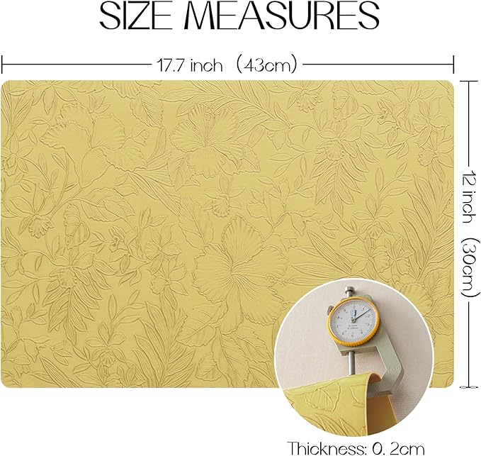Romanstile Vinyl Placemats Set of 6-12 X 18 Inch - Heat Resistant Non-Slip Embossed Floral Place Mats 100% Waterproof Oilproof Wipeable Faux Leather Table Mats for Kitchen/Dining/Party, Yellow