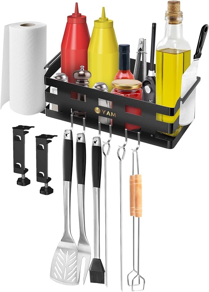 Griddle Caddy for Blackstone 28"/36" Griddles –Large BBQ Organizer with 6 J-Hooks, Paper Towel Holder, Ample Storage for Condiments & Tools – for Outdoor Cooking, Camping, and Grilling Essentials