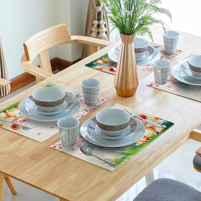 Giwawa Easter Placemats Set of 4 Spring Bunny Rabbits Flowers Place Mat 12x18 Inch Colorful Eggs Tree Floral Table Mats Washable Satin Resistance for Party Kitchen Dining Holiday Decor