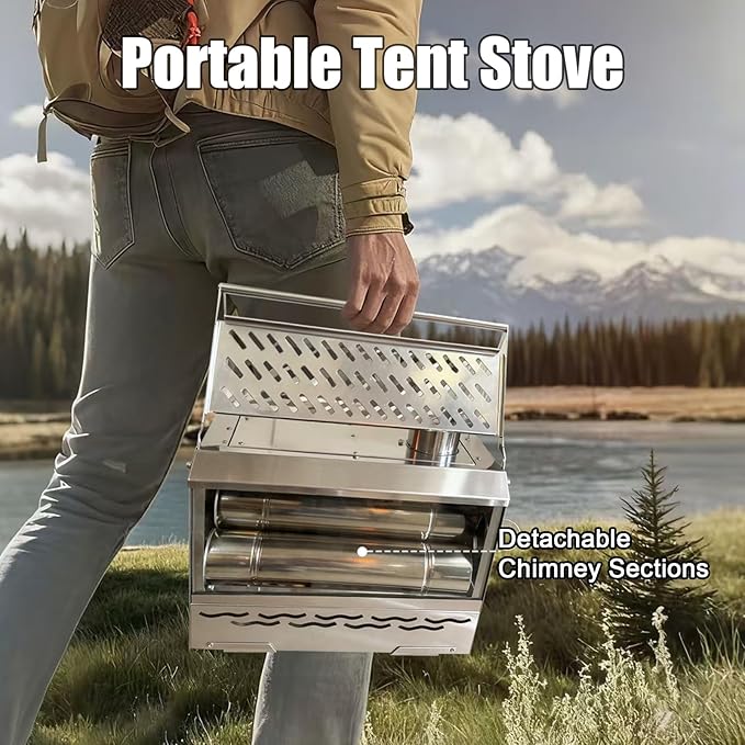 Hot Tent Stove, One-piece Molded Wood Burning Stove with Extra Baking Tray, Outdoor Stainless Steel Stove with 6 Chimney Pipes for Outdoor Heating, Cooking, Fishing(Non-Foldable, More Stable)