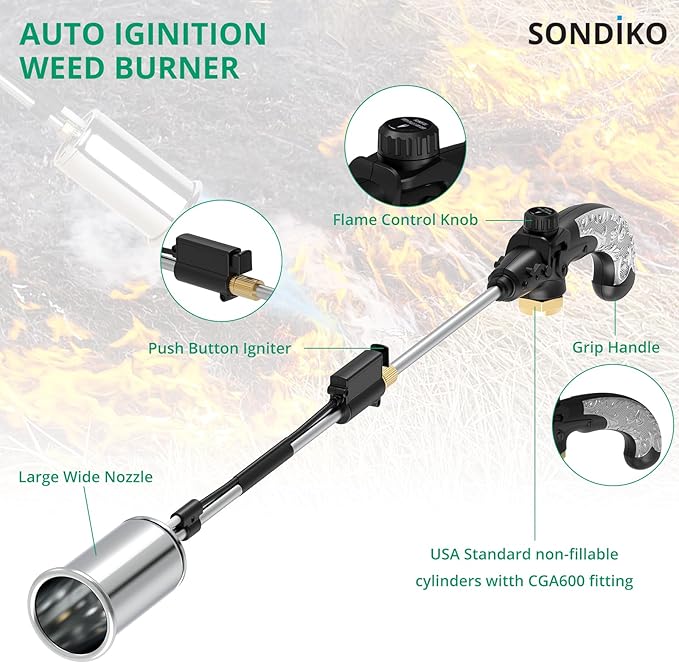 Sondiko Propane Torch Weed Burner, High Output Weed Torch Flamethrower, 30" Detachable Long Arm Heavy Duty Blow Torch For Garden, Wood, Ice, Snow, Melting(PROPANE TANK NOT INCLUDED)