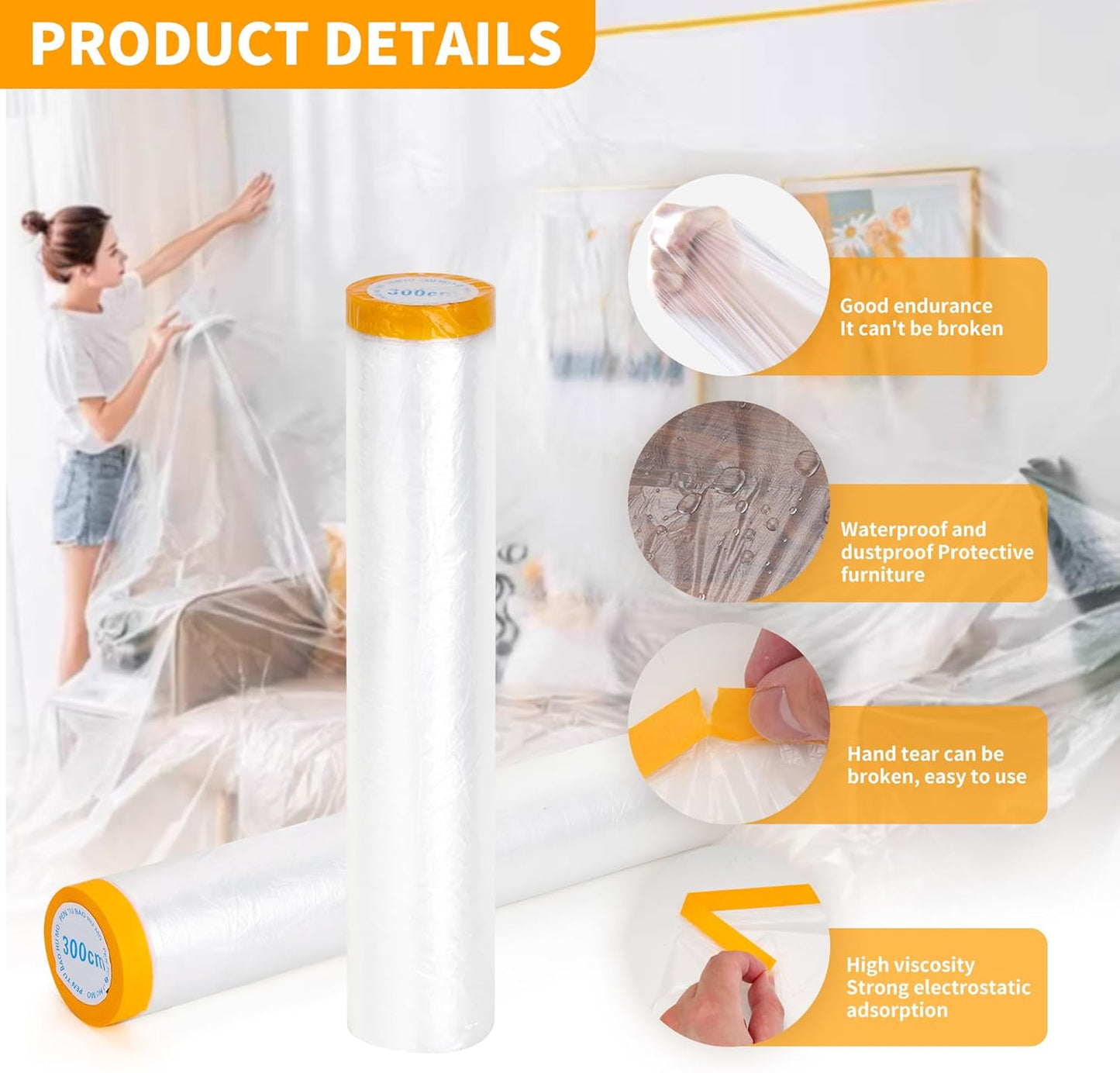 Pre-Taped Masking Film 2 Pack Each 10 x 65 feet Rolls, Tape and Drape, Painters Plastic Sheeting Drop Cloth for Automotive Painting Covering, House Decoration Furniture Floor Dustproof Cover