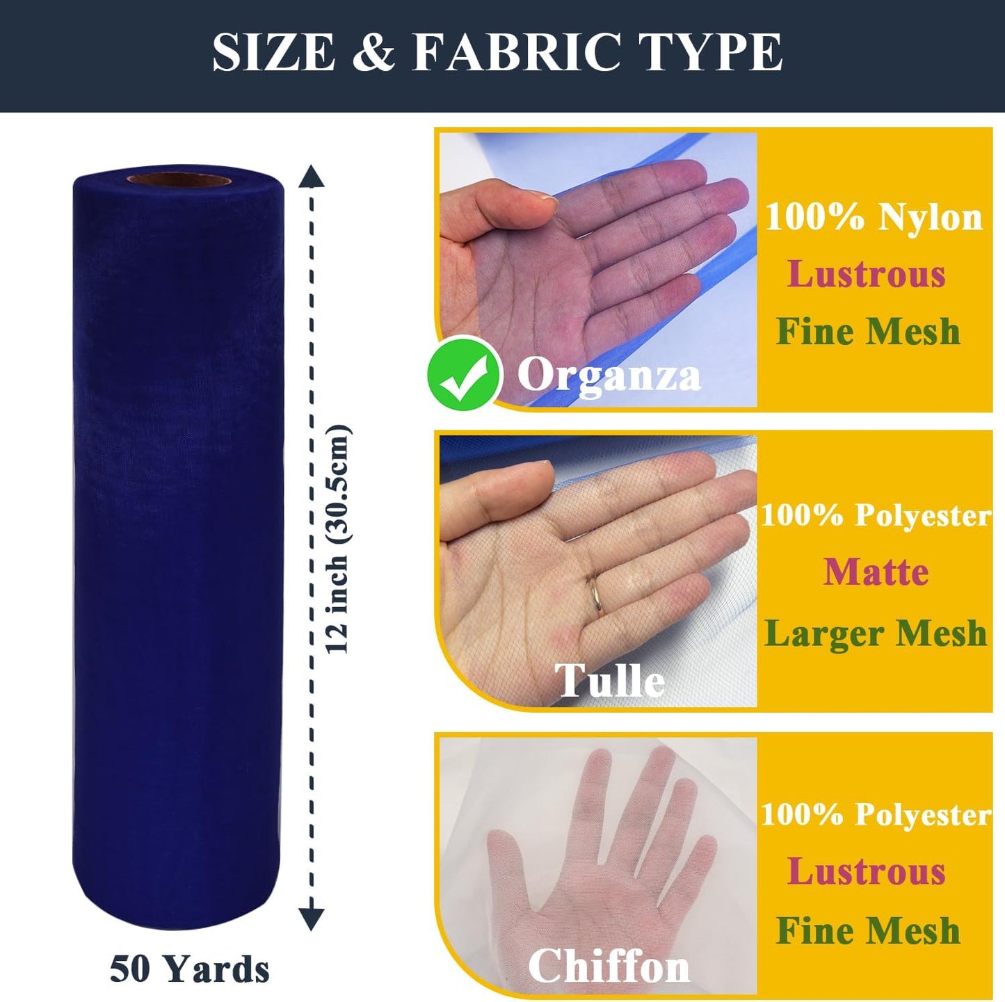Organza Tulle Fabric Rolls, Crystal Organza 12" by 50 Yards (150 ft) Sheer Nylon Silky Shiny Netting Spool Bolt for DIY Craft Table Runner Wedding Baby Shower Party Decor (Navy Blue)