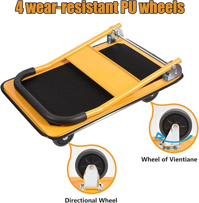 LEADALLWAY Foldable Push Cart Platform Cart 330lbs Capacity 4 Wheels 28.7x18.5x32.3inches Yellow Small Flatbed Cart