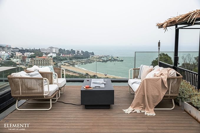 Elementi Granville Fire Pit Bundle Outdoor Firepit Set Includes 60” Dark Grey Propane Concrete Firepit Table, Glass Windscreen, Stainless Steel Cover, Canvas Cover, Floor Mat, Ice Bucket