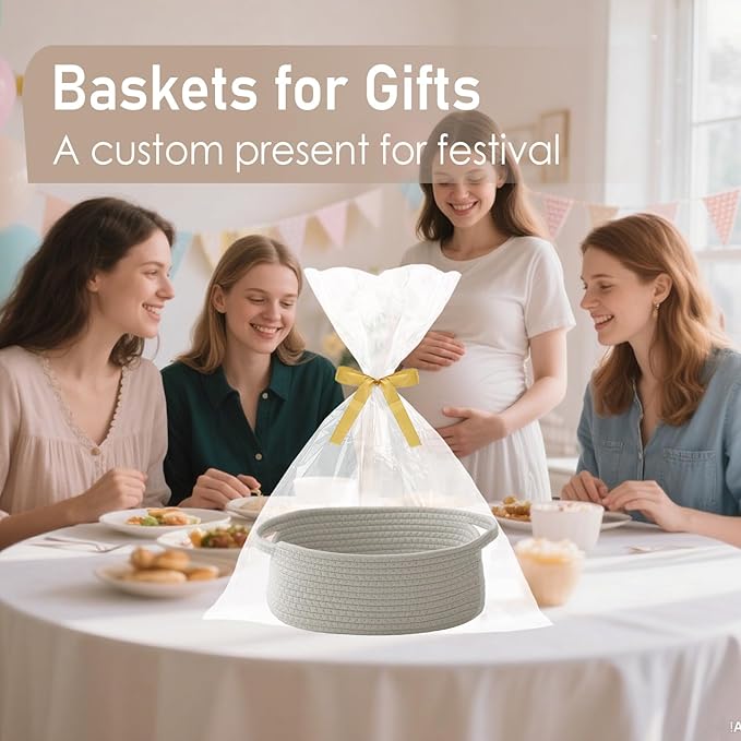 Woven Basket,Small Rope Storage Bin with Handles & Ribbon Bag, Organizer for Shelves Closets,Gift Basket Empty for Birthday,Books,Dog Toys, Grey/2 Pack