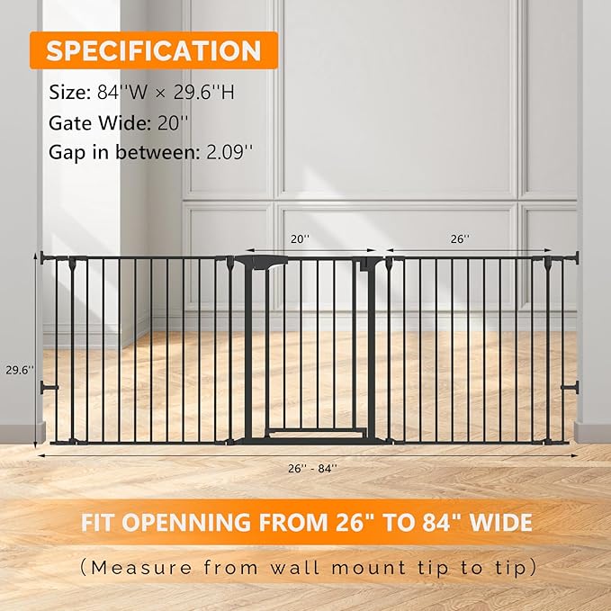 Bonnlo Baby Safety Gate, 82-Inch Configurable Walk-Through Fence for Toddler/Pet/Dog/Cat/Puppy, Adjustable Metal Barrier for Fireplace/Stairs/Doorways
