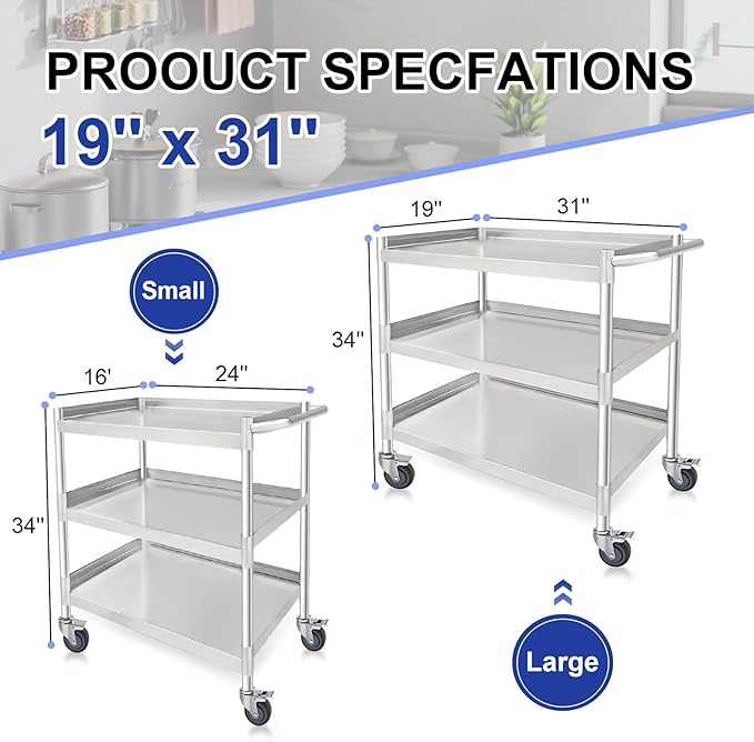 3 Tier Stainless Steel Utility Cart | Heavy Duty Metal Rolling Cart with Handle & Wheels | Ideal for Kitchen, Restaurant, Hospital, Laboratory & Home (19''x31''x34'')