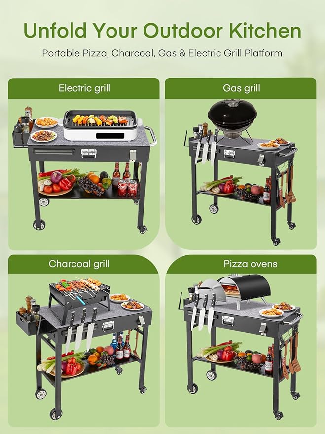 Grill Cart, Portable Outdoor Grill Table for Blackstone Griddle, Foldable Cart Table with Wheels, Griddle Stand with Paper Towel Holder, BBQ Prep Tables with Seasoning Tray