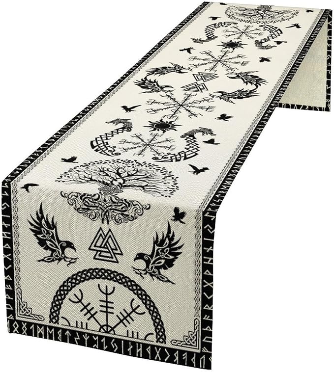 Viking Tree of Life Table Runner, Raven Helmet of Awe Seasonal Table Runner for Kitchen Dining Home Party 13x90in