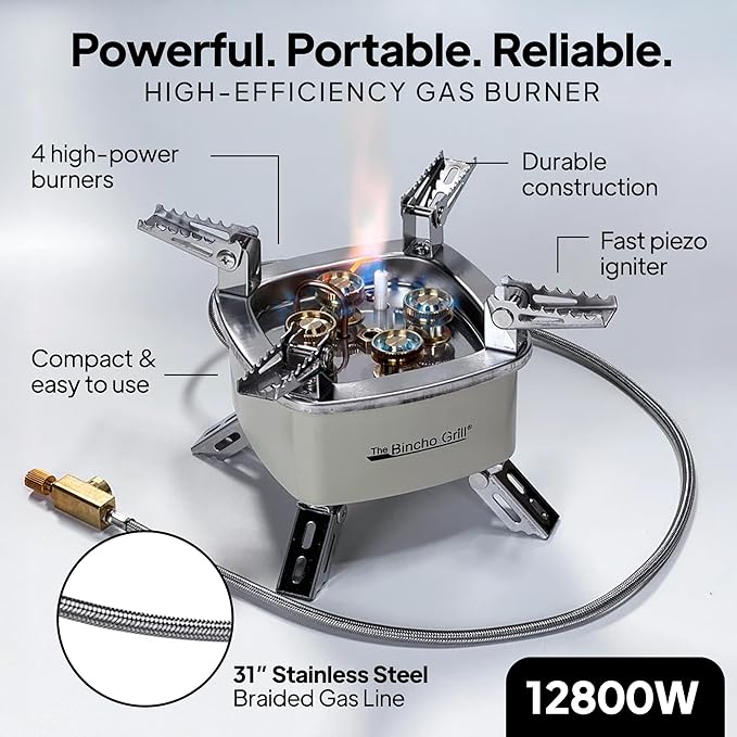 The Bincho Grill Charcoal Starter Gas Burner – 12,800W High Heat Mini Stove with 4 Heads – For Chimneys to Light Binchotan & BBQ Charcoal – Portable Propane/Butane Camping Stove with Piezo Ignition