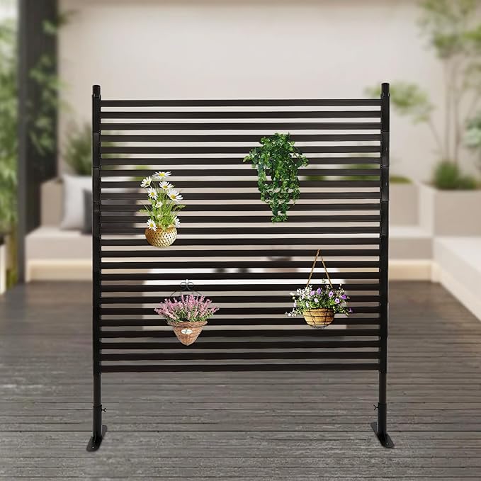 Outdoor Privacy Screens Freestanding, 47" W x 59" H Metal Slatted Decorative Screen and Panels with Stand, Brown Backyard Privacy Panels for Garden Patio