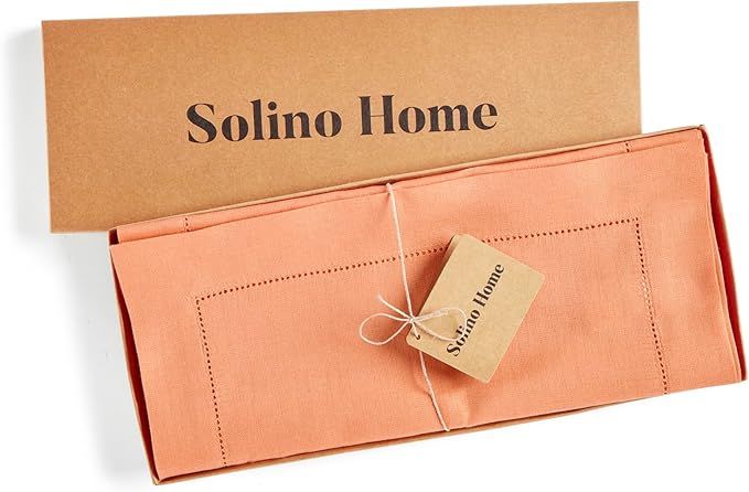 Solino Home Linen Coral Table Runner 108 Inches Long - 100% Pure Linen Hemstitch 14 x 108 Inch Table Runner for Dining, Valentines, Spring, Easter - Classic Hemstitch