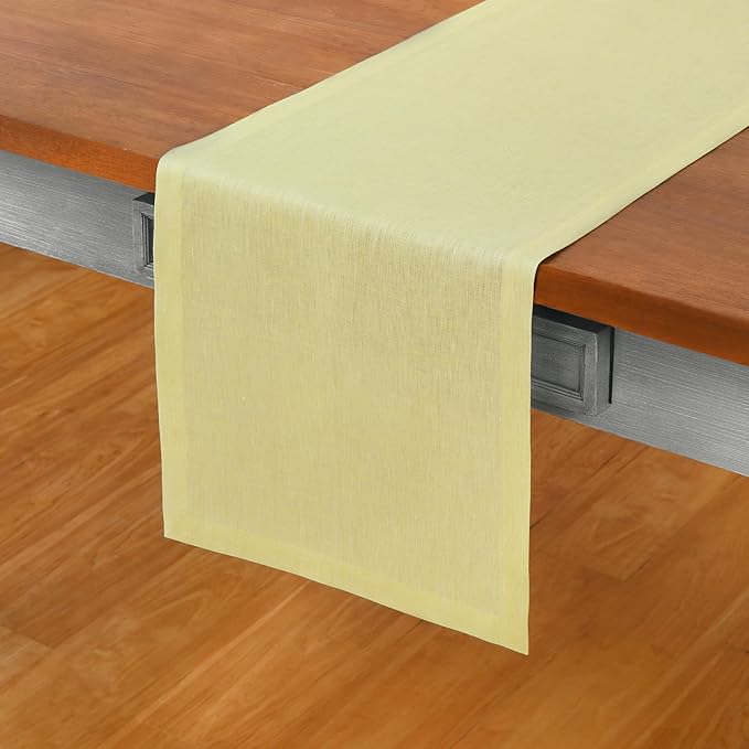 Solino Home Linen Chambray Yellow Table Runner 108 Inches Long - Athena, 100% Pure Linen Dining Table Runner 14 x 108 Inch for Spring, Easter
