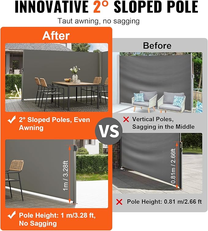 VEVOR Retractable Side Awning, UV 50 71''x 236'' Full Aluminum Rust-Proof Patio Sunshine Screen, 280 g Thicken Privacy Divider & Wind Screen for Courtyard, Balcony, Roof Terraces and Pools, Gray