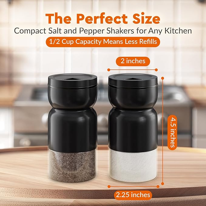HOME EC Original Salt and Pepper Shakers Set with Adjustable Pour Holes - Black Salt Shaker and Pepper Shaker - Farmhouse Spice dispenser for salts, Ground peppercorn and spices