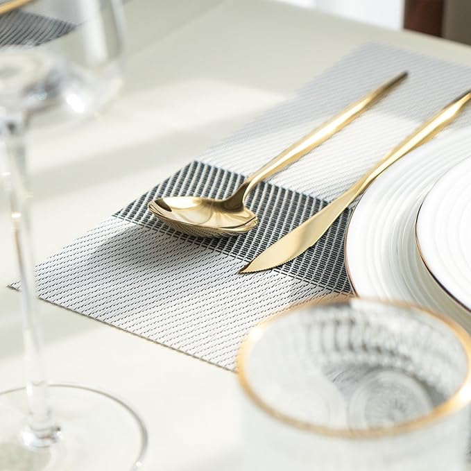 Placemats Set of 8 Vinyl/Plastic Woven Place Mats for Kitchen Table Indoor/Outdoor Washable Placemat Wipeable Dining Table Mats (Silver Cube,8)