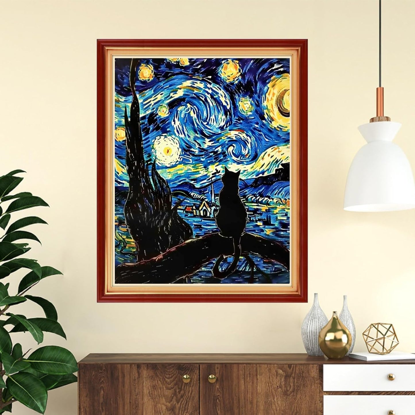 Funchey Stamped Cross Stitch Kits, DIY Cross Stitch Pattern for Adults Beginners Needlepoint Kits Embroidery Kit Arts and Crafts 11CT-Van Gogh Starry Sky Cat Admiring Moon 16x20 inchs