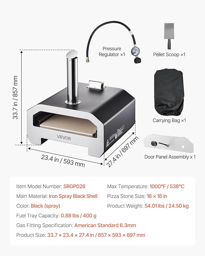 VEVOR Dual Fuel Pizza Oven Outdoor, 16 in Wood Fire & Propane Gas Pizza Oven, Portable Pellet & Propane Pizza-Maker with Thermometer, Large Multi Fuel Pizza Cook for Outside Camping & Backyard