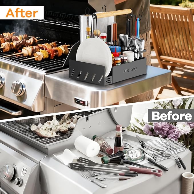 Grill Caddy, BBQ for Outdoor Grill with 2 Paper Towel Holders, Picnic BBQ Condiment Utensil Organizer Caddy for Outdoor Cooking, Rv, Camping Essential, Camper Must Haves,Gifts for Men