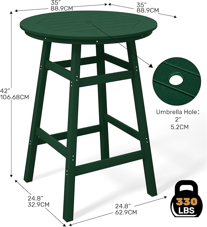Costaelm Patio Bistro Table, 42" Counter Height Round Patio Cocktail Bar Table with Umbrella Hole, Outdoor Bistro Dining Pub Table for Front Porch Deck Backyard Garden, Dark Green
