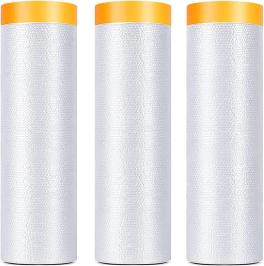 3 Pack Tape and Drape, 5x65.6 Ft Pre-Taped Masking Film for Auto Painting Covering, Plastic Pre-Adhesived Dust Paint Protective Drop Film for Furniture, Car, Floor