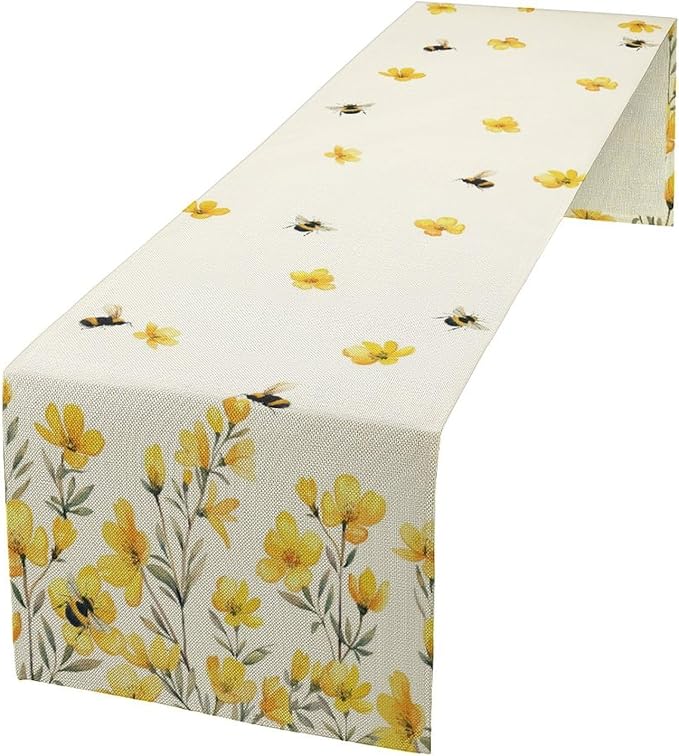 Yellow Wild Flowers Table Runner, Rustic Farmhouse Watercolor Daisy Floral Branches Bees Print Table Runner for Kitchen Dining Room Party Picnic Table Decor, 13x60inch